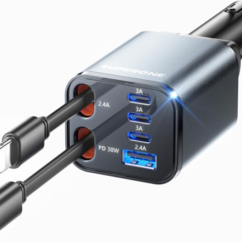 SUPERONE Retractable Car Charger, [Ultra-Compact] 6-Port Car Charger USB C, Phone Car Chargers Fast Charging with USB C & Apple Cable, Car Accessories Phone Chargers for 17/16/15/14/13/12 Series