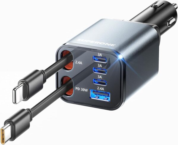 SUPERONE Retractable Car Charger, [Ultra-Compact] 6-Port Car Charger USB C, Phone Car Chargers Fast Charging with USB C & Apple Cable, Car Accessories Phone Chargers for 17/16/15/14/13/12 Series