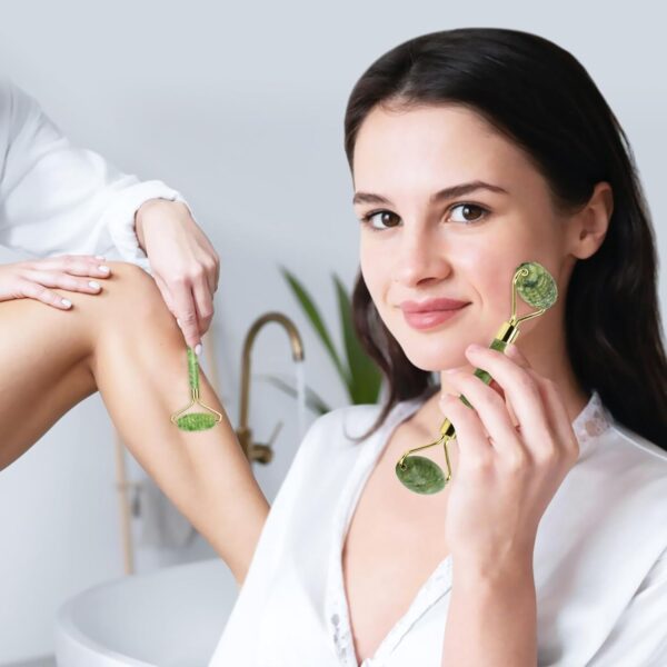 Jade Roller & Gua Sha Set 5-in-1, Full Body Massage Tools | Gua Sha Facial Tool Set Portable cooling Xiuyan Jade design for skincare, travel and gifting.