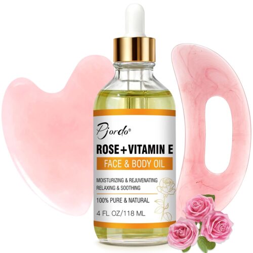 Pjordo Vitamin E Rose Oil & Gua Sha Massage Tools Set, Gua Sha Oil for Face & Body, Organic Vitamin E Oil for Moisturizing and Hydrating, Anti Aging, Self Skin Care Gifts for Her Women