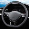 XHRING D-Shaped Car Steering Wheel Cover for Volkswagen VW Atlas Tiguan ID.4 Taos Passat Golf Jetta Beetle Polo GTI CC Touareg SE SEL R-line S Cross Sport Accessories, 2025 Leather Black