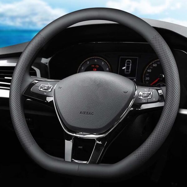 XHRING D-Shaped Car Steering Wheel Cover for Volkswagen VW Atlas Tiguan ID.4 Taos Passat Golf Jetta Beetle Polo GTI CC Touareg SE SEL R-line S Cross Sport Accessories, 2025 Leather Black
