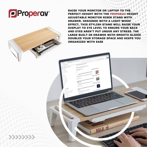 Properav Universal Computer Monitor Desk Riser Stand with Drawer Storage for PC TV Laptop - Wood Effect