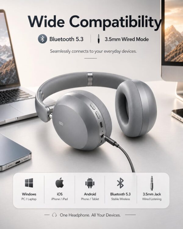 61kIDUv0PsL._AC_SL1402_.jpg Wentronic Y05 Bluetooth Over-Ear Headphones with Active Noise Cancelling, Hi-Res Audio, 48H Playtime, Built-in Mic, Wired/Wireless, Works with iOS, Android & PC, Grey