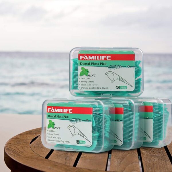 61l3ih5eVuL._AC_SL1000_.jpg FAMILIFE Floss Picks, 240 Count Mint Dental Floss Cleaner, Tooth Picks Flossers with 4 Travel Handy Cases, Helps to Fight Tooth Decay and Keep Your Teeth Clean, Flossing Sticks for Family