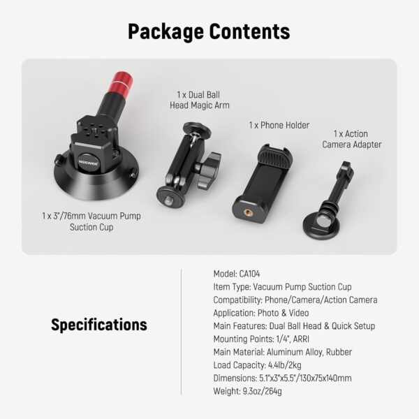 61lxOaAKOsL._AC_SL1500_.jpg NEEWER 3" Suction Cup Camera Mount Bracket with Ball Head Magic Arm, 1/4" ARRI Holes, Quick Release Car Mount with Holder & Action Cam Adapter Compatible with DJI Insta360, CA104