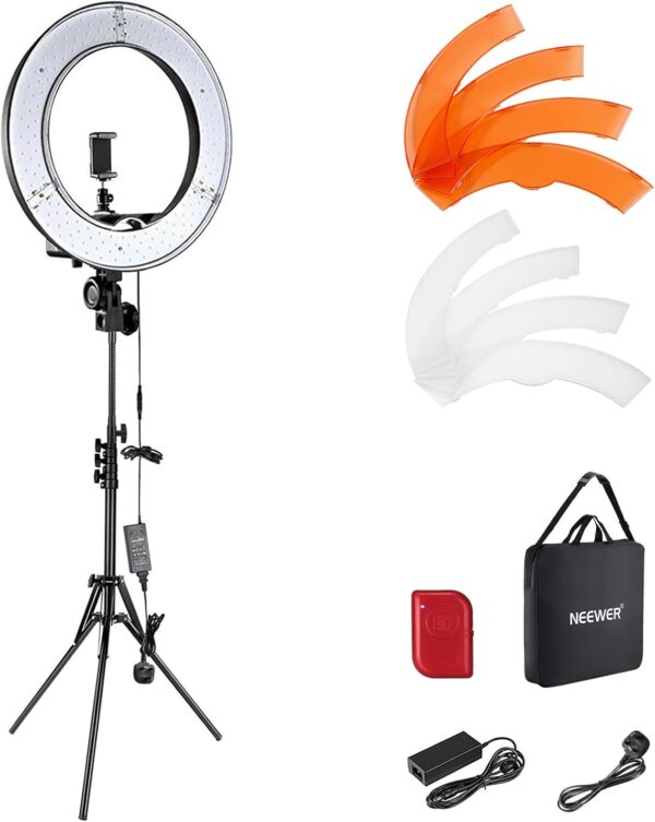 61ntHX88GLL._AC_SL1500_.jpg NEEWER Ring Light Kit: 18"/45cm Outer 55W 5600K Dimmable LED Ring Light, Light Stand, Carrying Bag for Camera, Smartphone, YouTube, TikTok, Self Portrait Shooting, Black