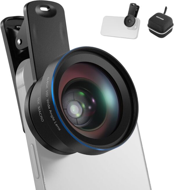 61pP5ZkYvL._AC_SL1500_.jpg NEEWER BASICS 2 In 1 Phone Camera Lens Accessories Kit, HD 0.45x Wide Angle + 15x Macro, 37mm Lens Clamp Compatible with iPhone Samsung Android Smartphone, LS-67