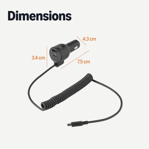 Amazon Basics Fast-Charging Car Charger for Phone and Tablet, 1 USB-C+1 USB-A +1 Built-in 1.5m Coiled Cable USB-C, 60w, Black
