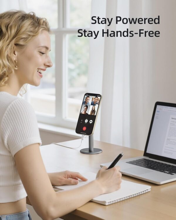 Nulaxy Magnetic Cell Phone Stand with 2 Metal Rings, 360 Rotating Fully Aluminum Smartphone Stand for Desk, Office Accessories Adjustable Phone Holder Compatible with All Phones MagSafe Case, Grey