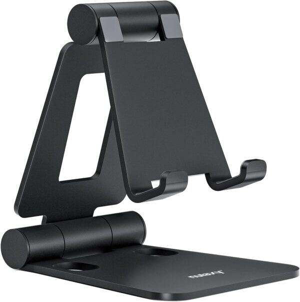 61srjyM7TFL._AC_SL1500_.jpg Nulaxy Fully Aluminum Phone Stand, Dual Folding Angle Height Adjustable Mobile Holder Cradle for Desk Compatible with iPhone 17 16 15 14 13 12 11 Pro Max XR Xs X, Galaxy, Nintendo Switch, All Phones