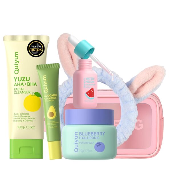 61teNvNQsxL._SL1500_.jpg QUIYUM Skin Care Set, Fruit Women Birthday Christmas Beauty Gift Sets, Skin Care Kit with Cleanser, Serum, Eye Cream, Face Cream Travel Kit for Women, Gentle, Full Sizes 4pcs, Stocking Stuffers