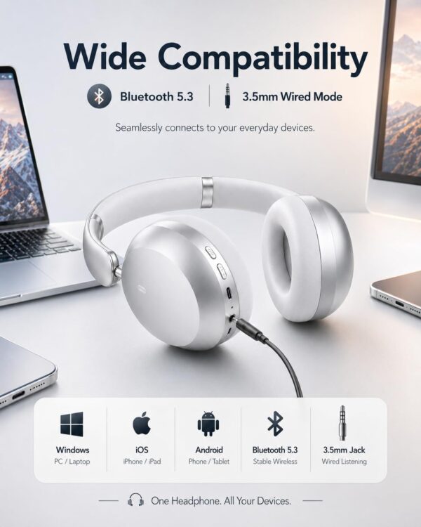 61vfzAkP1eL._AC_SL1402_.jpg Wentronic Y05 Bluetooth Over-Ear Headphones with Active Noise Cancelling, Hi-Res Audio, 48H Playtime, Built-in Mic, Wired/Wireless, Works with iOS, Android & PC, Silver