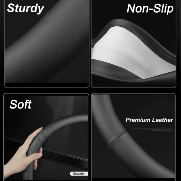XHRING D-Shaped Car Steering Wheel Cover for Volkswagen VW Atlas Tiguan ID.4 Taos Passat Golf Jetta Beetle Polo GTI CC Touareg SE SEL R-line S Cross Sport Accessories, 2025 Leather Black
