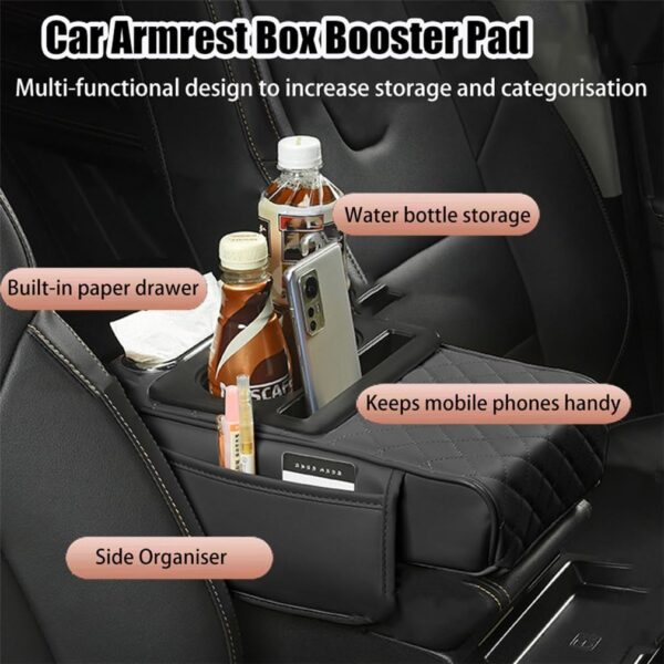 Car Armrest Storage Box, Center Console Cover Cushion, 4 In 1 Car Tissue Boxes Organiser Cup Holder Multifunctional organiser, for Most Vehicles, SUV, and Trucks (Black)