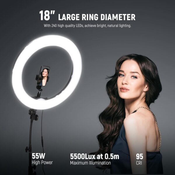 61yGN4SJXSL._AC_SL1500_.jpg NEEWER Ring Light Kit: 18"/45cm Outer 55W 5600K Dimmable LED Ring Light, Light Stand, Carrying Bag for Camera, Smartphone, YouTube, TikTok, Self Portrait Shooting, Black