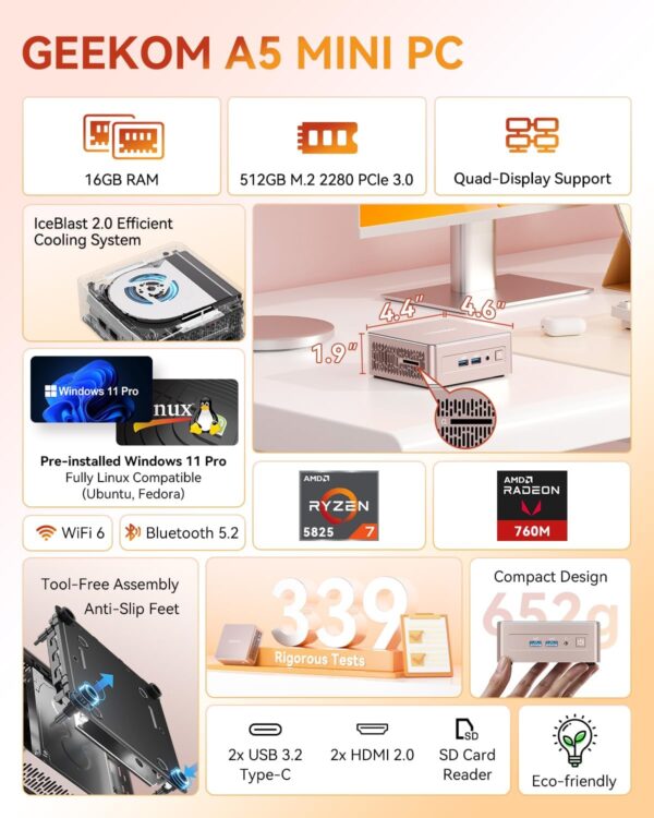 71EylHqReL._AC_SL1500_.jpg GEEKOM A5 Business Mini PC Idea Light Gaming/Education, AMD Ryzen 7, 16GB RAM(Expandable to 64GB), 512GB NVMe SSD, Windows 11 Pro Desktop Computer Supports Quad Display/4K Video Streaming