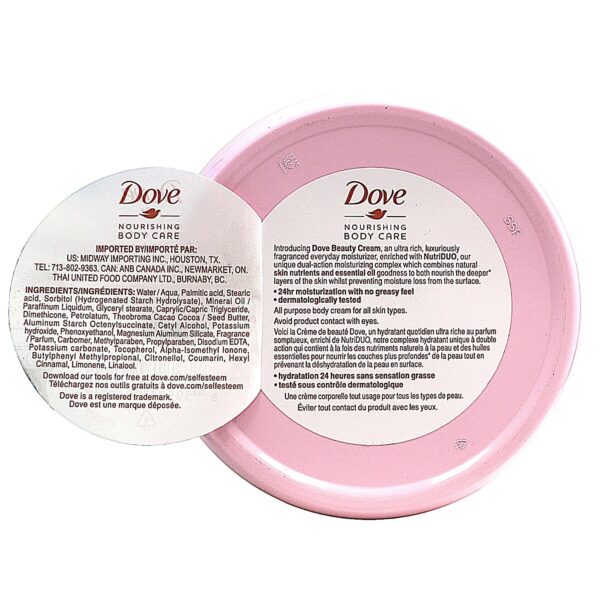 710dwruzUxL._SL1500_.jpg Dove Nourishing Body Care, Face, Hand, and Body Beauty Cream for Normal to Dry Skin Lotion for Women with 24-Hour Moisturization, 4-Pack, 2.53 Oz Each Jar