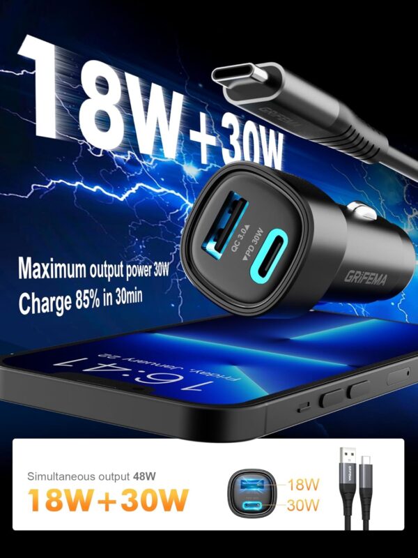 711qh8PwDSL._AC_SL1500_.jpg GRIFEMA 48W Car Charger Fast Charge, Dual Port Cigarette Lighter Adapter, 30W USB C PD and 18W USB A QC 3.0, 12V 24V for iPhone 16 15 14, Samsung Galaxy, iPad