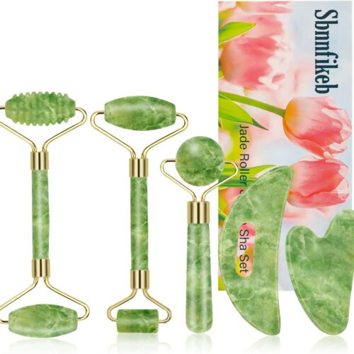 Jade Roller & Gua Sha Set 5-in-1, Full Body Massage Tools | Gua Sha Facial Tool Set Portable cooling Xiuyan Jade design for skincare, travel and gifting.