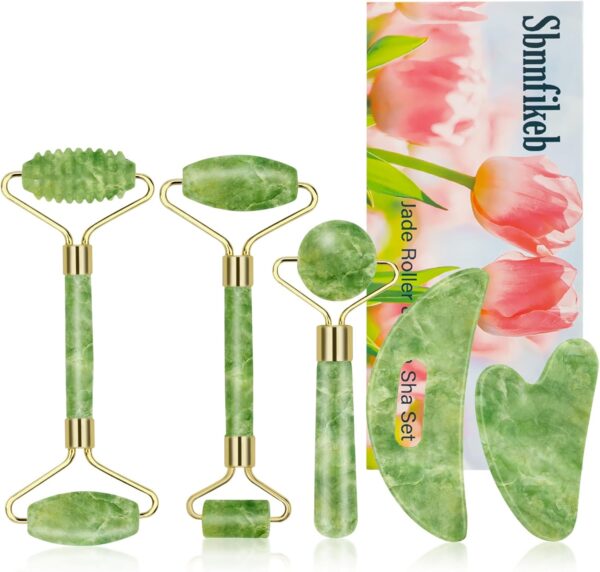 Jade Roller & Gua Sha Set 5-in-1, Full Body Massage Tools | Gua Sha Facial Tool Set Portable cooling Xiuyan Jade design for skincare, travel and gifting.