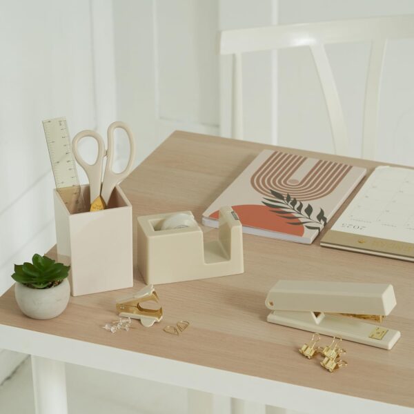 712o0eDGrCL._AC_SL1500_.jpg Aesthetic Desk Accessories Set - A Complete Desktop Organizer Set For Women Enhances Any Office Decor - An Office Supplies Kit w Gold Finish incl. Pen Holder, Scissors, Stapler, Tape Dispenser & More