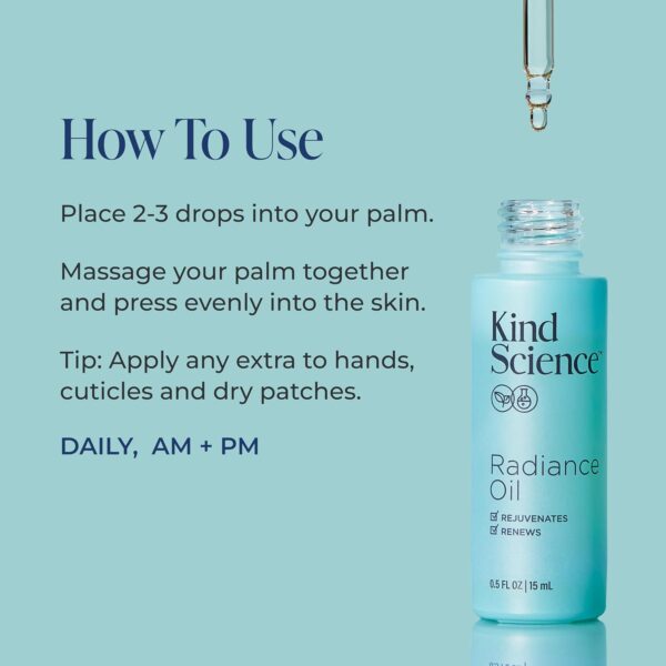 Kind Science Radiance Face Oil - Hydrating with Vitamin E, C & A, Bakuchiol, Jojoba & Moringa Oil - Anti Aging to Give Skin a Fresh, Dewy Look - Vegan, Paraben Free, Cruelty Free, 0.5 fl oz