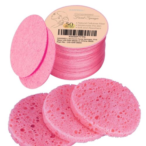714Dw8-kkL._SL1278_.jpg GAINWELL 50-Count Compressed Facial Sponge for Daily Facial Cleansing and Exfoliating, 100% Natural Cosmetic Spa Sponges for Makeup Remover, Reusable, Pink