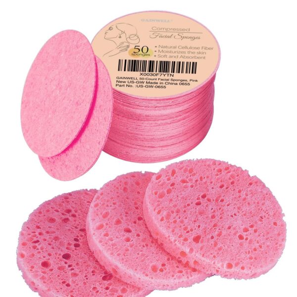 714Dw8-kkL._SL1278_.jpg GAINWELL 50-Count Compressed Facial Sponge for Daily Facial Cleansing and Exfoliating, 100% Natural Cosmetic Spa Sponges for Makeup Remover, Reusable, Pink
