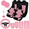 17 Car Seat Cover Full Set for Women, Universal Car Seat Cover, Plush Steering Wheel Cover, Fluffy Soft Wool Handbrake Gear, Suspension Accessories Full SUV(Patterned Pink)
