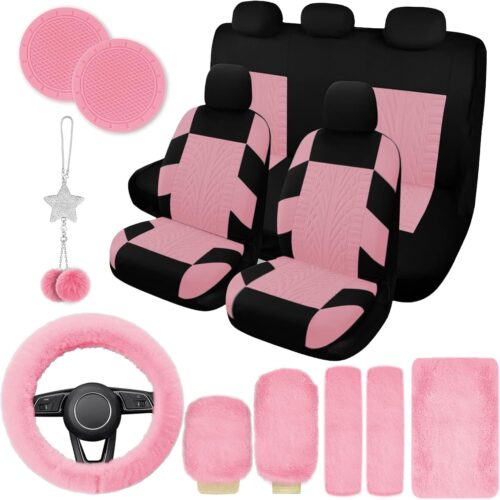 714OSALTZNL._AC_SL1500_.jpg 17 Car Seat Cover Full Set for Women, Universal Car Seat Cover, Plush Steering Wheel Cover, Fluffy Soft Wool Handbrake Gear, Suspension Accessories Full SUV(Patterned Pink)