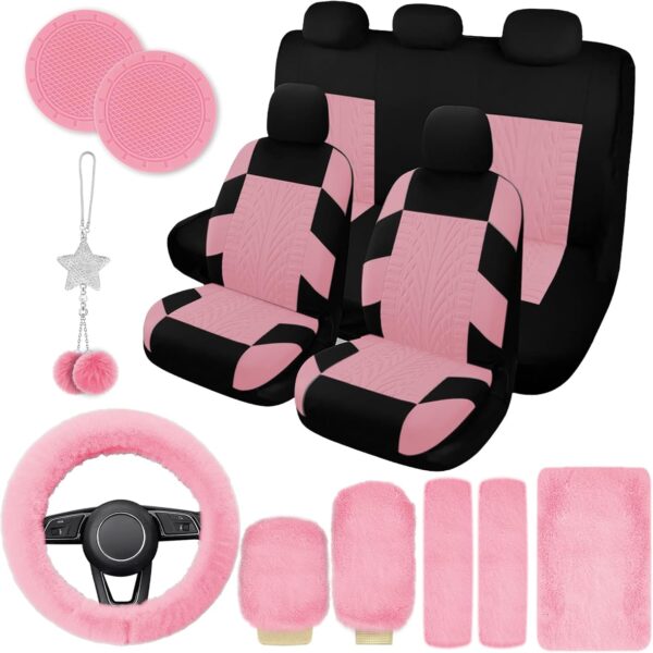 17 Car Seat Cover Full Set for Women, Universal Car Seat Cover, Plush Steering Wheel Cover, Fluffy Soft Wool Handbrake Gear, Suspension Accessories Full SUV(Patterned Pink)