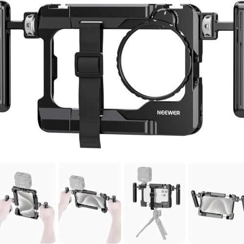 715Jy2eldZL._AC_SL1500_.jpg NEEWER Universal Smartphone Video Rig with Handles 67mm Filter Adapter Anti Drop Cold Shoe Compatible with DJI Mic iPhone Samsung Galaxy Android, Phone Cage Stabilizer for Video Recording, PA017