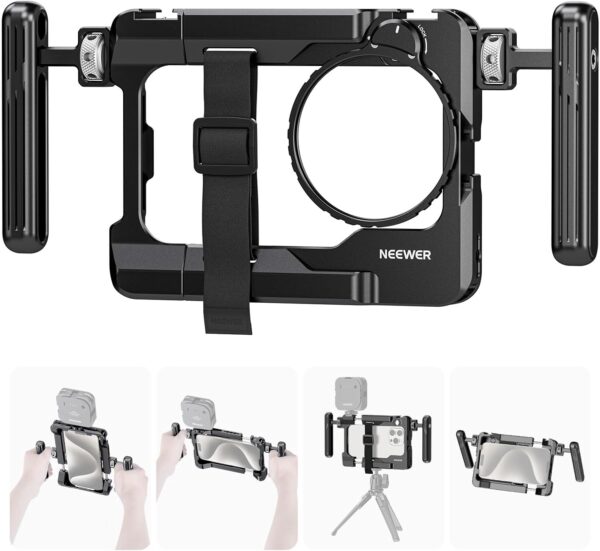715Jy2eldZL._AC_SL1500_.jpg NEEWER Universal Smartphone Video Rig with Handles 67mm Filter Adapter Anti Drop Cold Shoe Compatible with DJI Mic iPhone Samsung Galaxy Android, Phone Cage Stabilizer for Video Recording, PA017