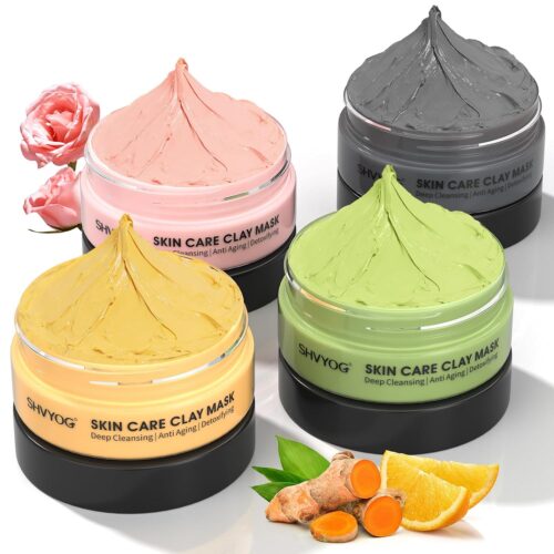 715gh3wC5pL._SL1500_.jpg SHVYOG 4Pcs Face Mask Set - Turmeric Clay Mask, Vitamin C, Green Tea, Rose, Dead Sea Mud Mask, Skin Care Mask for Deep Cleansing, Refining Pores, Valentine's Day Gifts for Women- 240g