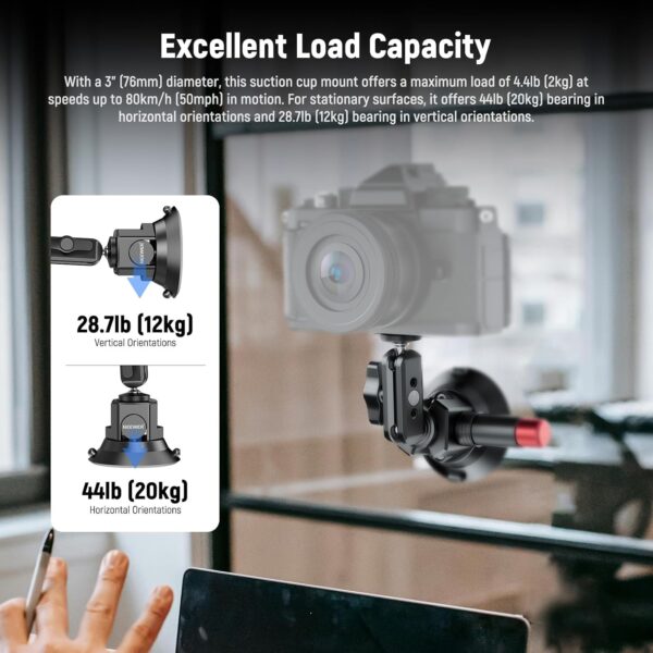 718DDAoig6L._AC_SL1500_.jpg NEEWER 3" Suction Cup Camera Mount Bracket with Ball Head Magic Arm, 1/4" ARRI Holes, Quick Release Car Mount with Holder & Action Cam Adapter Compatible with DJI Insta360, CA104