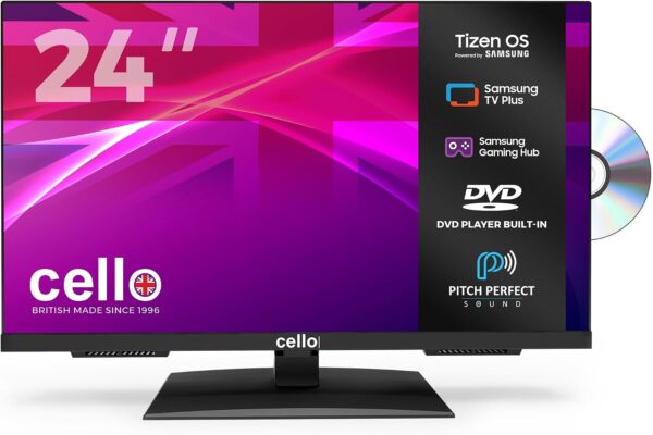 718HI04prfL._AC_SL1500_.jpg Cello C2426TZF 24-inch Tizen OS Smart LED TV/DVD, By Samsung, Gaming Hub, Pitch Perfect Speakers, Netflix, Bluetooth, UK Made, Ideal for Kitchen, Bedroom & Small Spaces