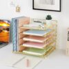 718g4Or5eL._AC_SL1500_.jpg LEKETREE Desk Organizers with File Holder, 5-Tier Paper Organizer Letter Tray with Sliding Drawer and Extra Pen Holder, Mesh Desktop File Organizer for School Office Supplies (Gold)