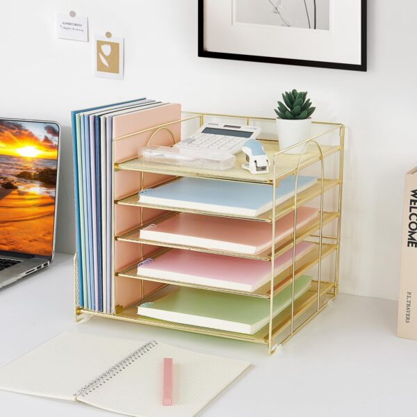 718g4Or5eL._AC_SL1500_.jpg LEKETREE Desk Organizers with File Holder, 5-Tier Paper Organizer Letter Tray with Sliding Drawer and Extra Pen Holder, Mesh Desktop File Organizer for School Office Supplies (Gold)