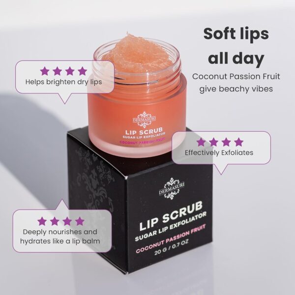 718z7qCbb9L._SL1500_.jpg Dermasuri - Lip Exfoliator Scrub & Moisturizer - Sugar Scrubs, Overnight Hydration & Softening - Brighten & Soften Dark Lips For Men & Women -Soothing Dryness -Coconut Passion Fruit Flavor - 20g/0.7oz
