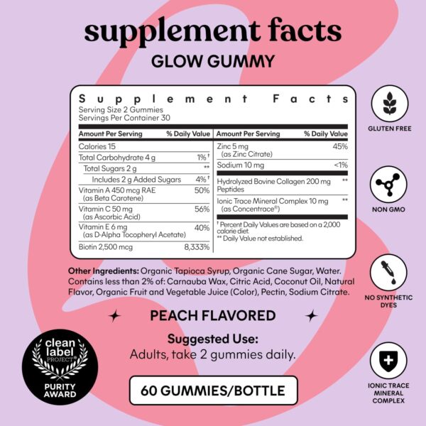 719e-C7w7bL._AC_SL1296_.jpg Lemme Glow Collagen Gummies for Thick Hair, Strong Nails & Healthy Skin with Multi-Collagen Peptides, Biotin, Trace Minerals, Zinc, Vitamins A, C & E, Dairy & Gluten Free, Peach Flavor, 60 ct.