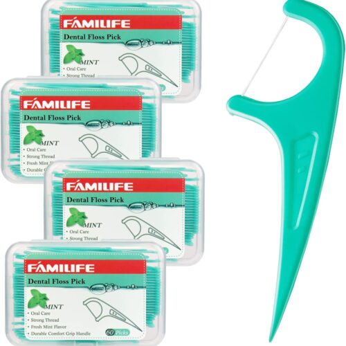 FAMILIFE Floss Picks, 240 Count Mint Dental Floss Cleaner, Tooth Picks Flossers with 4 Travel Handy Cases, Helps to Fight Tooth Decay and Keep Your Teeth Clean, Flossing Sticks for Family