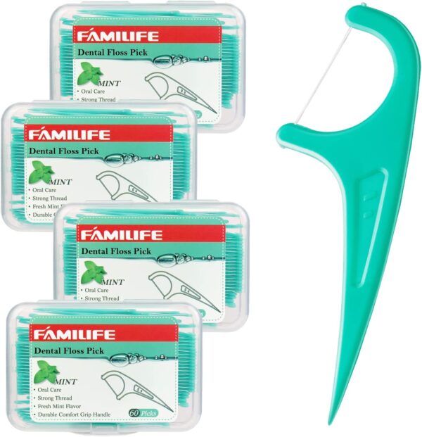 71AA06ctzEL._AC_SL1500_.jpg FAMILIFE Floss Picks, 240 Count Mint Dental Floss Cleaner, Tooth Picks Flossers with 4 Travel Handy Cases, Helps to Fight Tooth Decay and Keep Your Teeth Clean, Flossing Sticks for Family