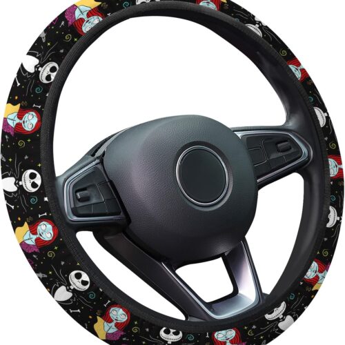 GENANY Horror Nightmare Skellington Couple Steering Wheel Cover, Non-Slip Neoprene Car Steering Wheel Cover, Breathable Steering Wheel Covers, Sweat-Absorbing Car Accessories, Gifts for Women, Men