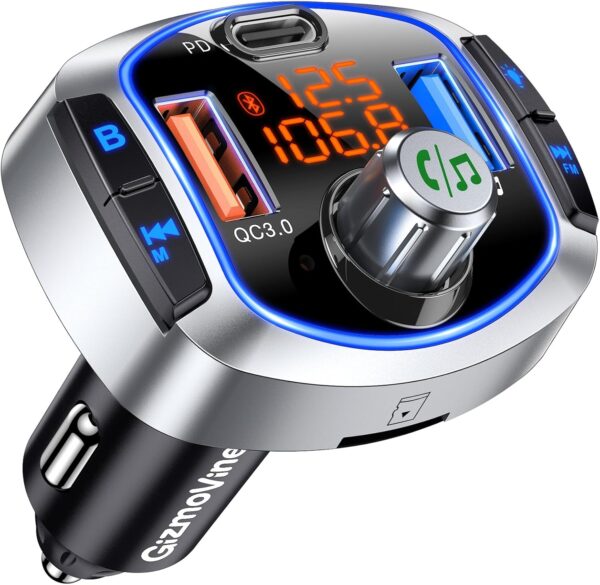 GizmoVine FM Transmitter for Car with 81W Fast Charge (PD 45W & QC3.0 36W), Bluetooth 5.4 Wireless Radio Adapter, Hands-Free Calling, Siri/Google Assistant, Bass Boost & LED Backlit
