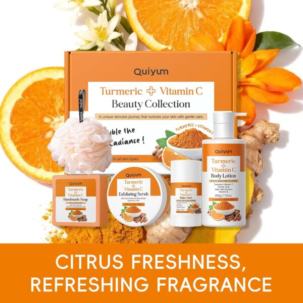 QUIYUM Turmeric Vitamin C Body Care Set - 4-in-1 with Scrub, Body Lotion, Moisturizing Stick & Handmade Soap, Bonus Bath Sponge | Exfoliating Hydrating for All Skin Types