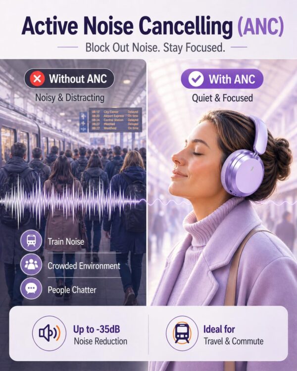 Wentronic Y05 Bluetooth Over-Ear Headphones with Active Noise Cancelling, Hi-Res Audio, 48H Playtime, Built-in Mic, Wired/Wireless, Works with iOS, Android & PC, Purple
