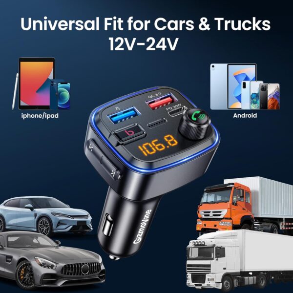 GizmoVine Bluetooth Car Adapter, FM Transmitter with Bass Boost, Wireless Hands-Free Call Kit, Audio Receiver, USB C QC PD 30W Fast Charger, 12V Cigarette Lighter, U Disk MP3 Music Player