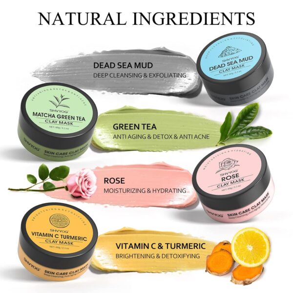 SHVYOG 4Pcs Face Mask Set - Turmeric Clay Mask, Vitamin C, Green Tea, Rose, Dead Sea Mud Mask, Skin Care Mask for Deep Cleansing, Refining Pores, Valentine's Day Gifts for Women- 240g