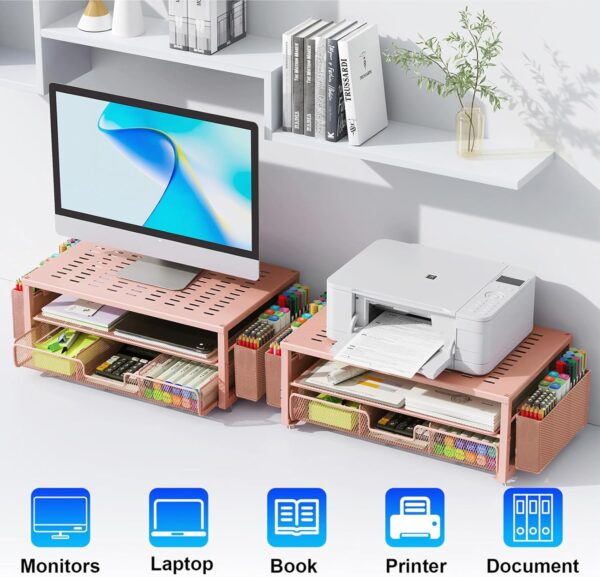 gianotter Desk Computer Monitor Stand with Drawer and 2 Pen Holders, Desk Organizer for Women, Home Office Essentials (Rose Gold)